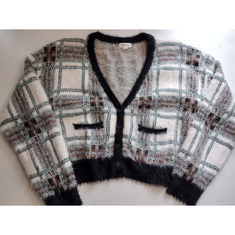 Stitch & Pine Women Black White Plaid Fuzzy Eyelash Knit Button Cardigan Large
